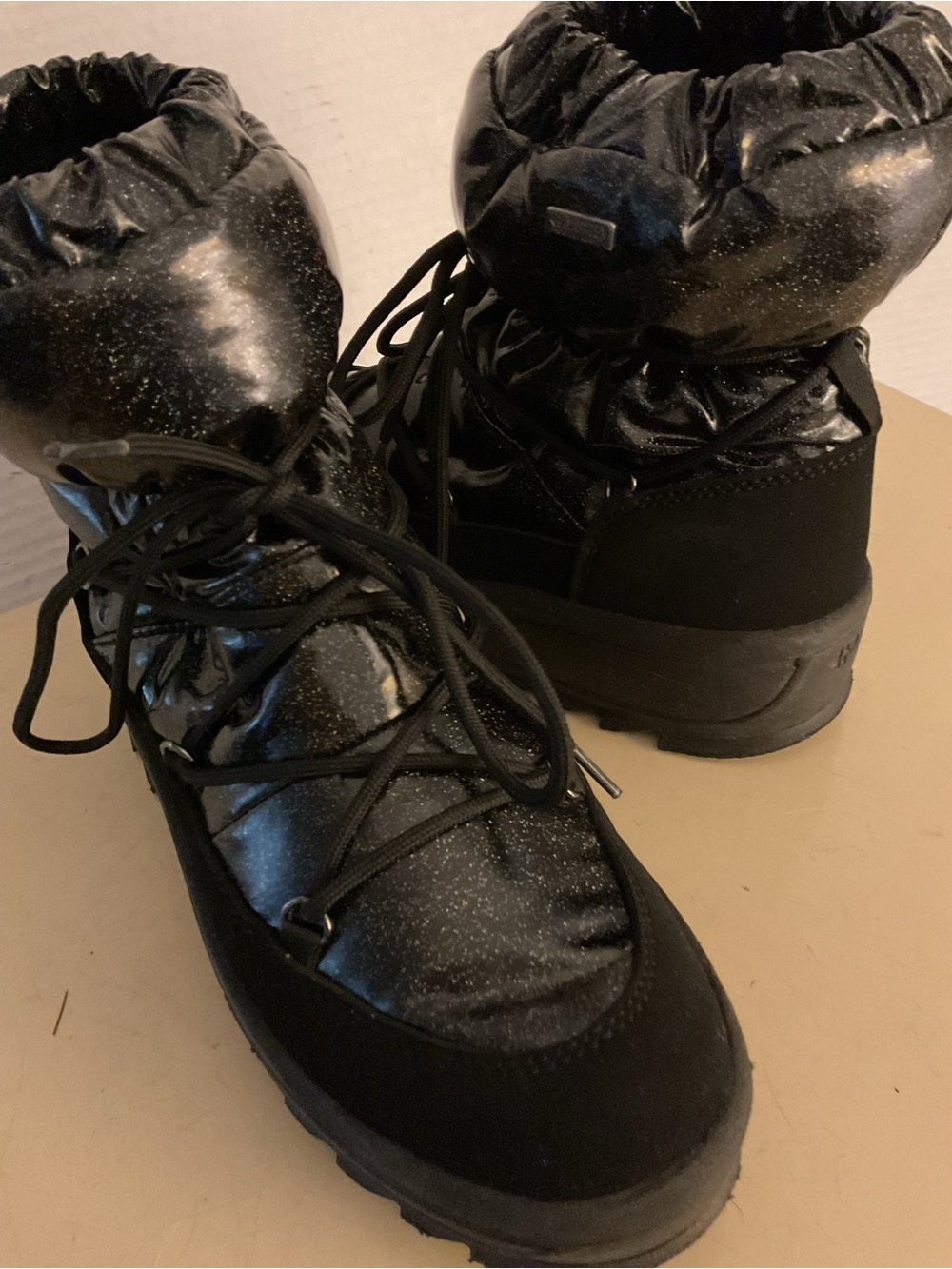 Pajar women black suede nylon puffy platform waterproof wedge boots US 7